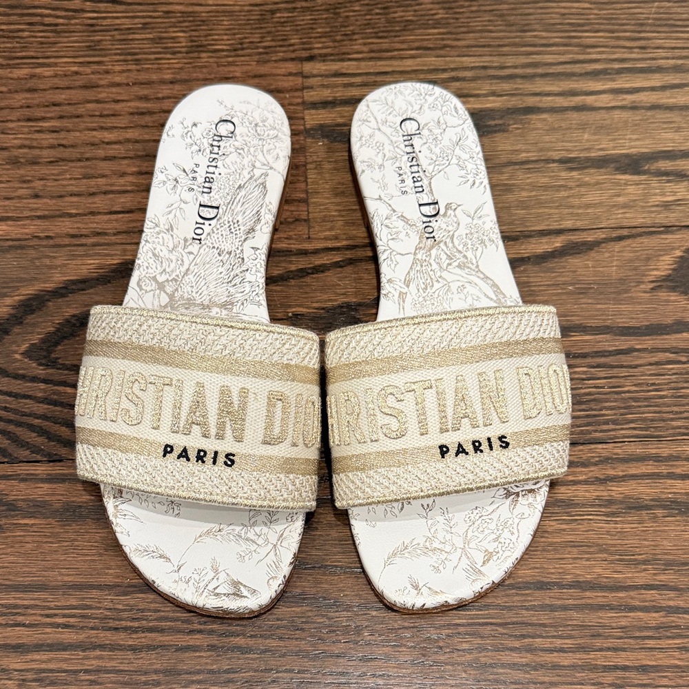 Dior Dway Gold and Beige Embroidered Slide Sandals
